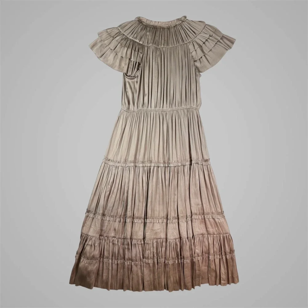 RESET Pleated Tiered Maxi Dress Medium Taupe Mushroom Satin‎ Flutter Sleeve Boho